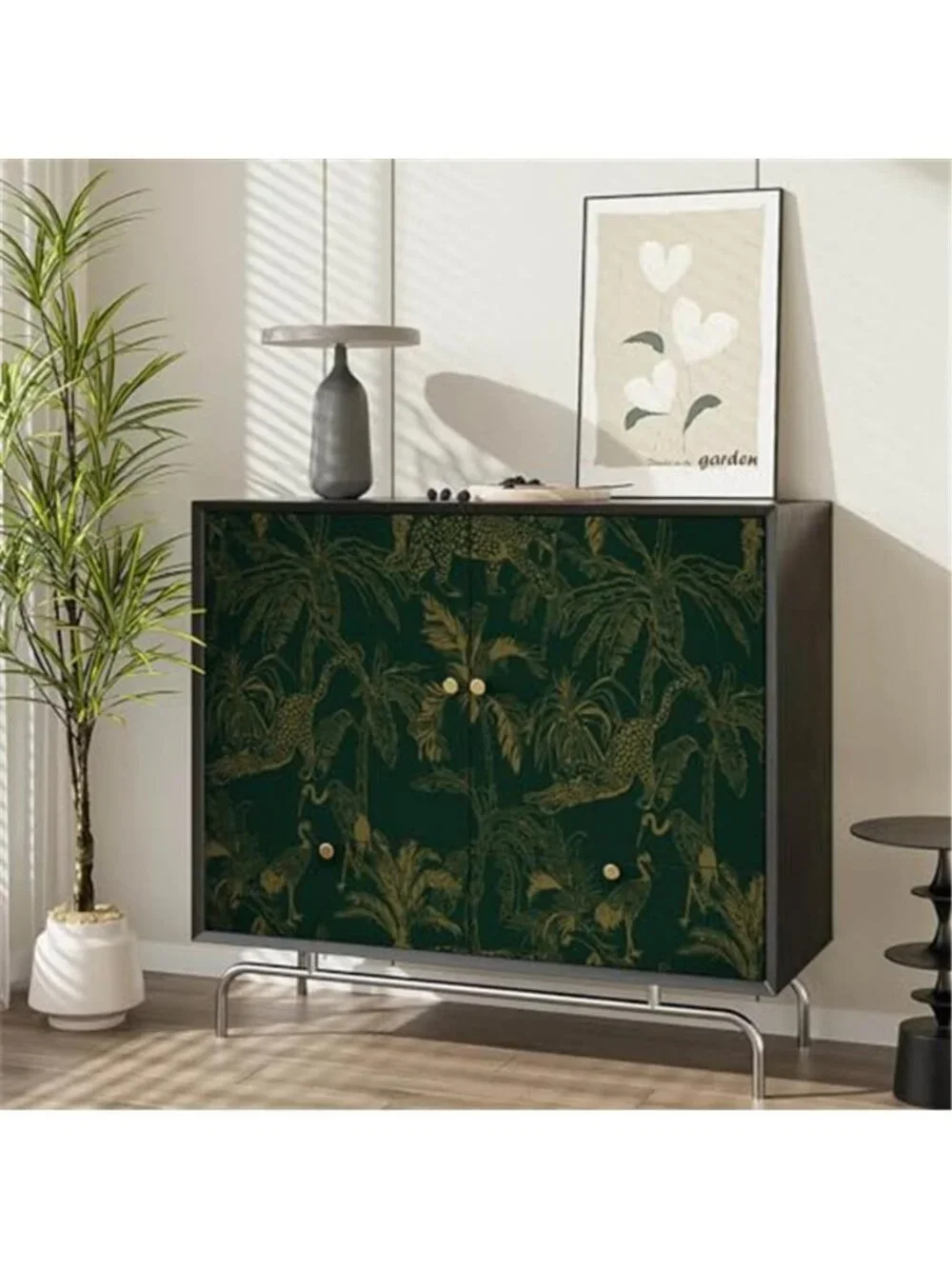 Peel Stick Jungle Wallpaper Green Gold Cheetah Crane Palm Contact Paper Decor